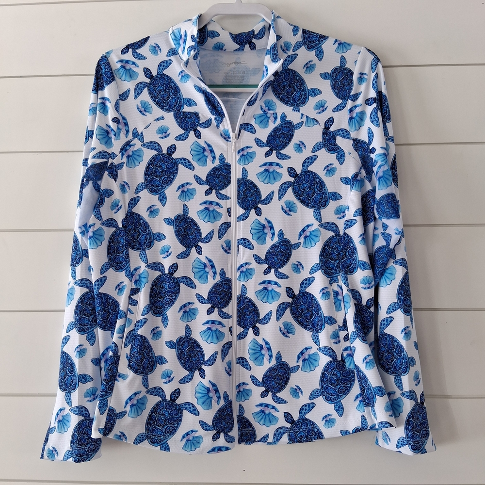 X by Gottex Blue and White Zip Up Beach Water Long Sleeve Top with Turtles Large